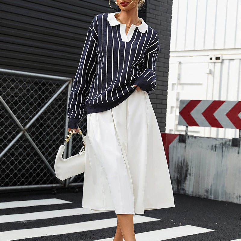 College Street Fashion Polo Collar Stripes Women's Sweater
