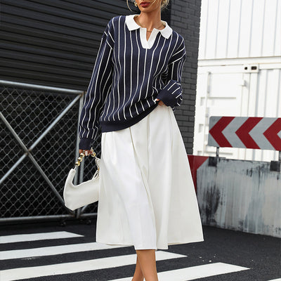 College Street Fashion Polo Collar Stripes Women's Sweater