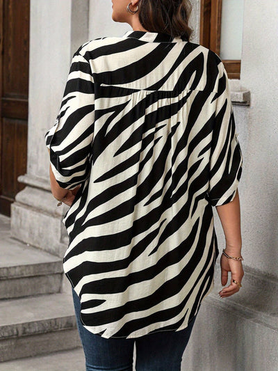 Women's Plus Size Asymmetric Striped Blouse - V-Neck Three-Quarter Sleeve Casual Work Top