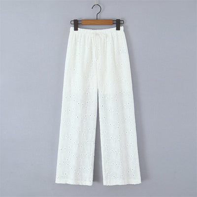 Hollow Embroidery Lace-up Straight-leg Pants