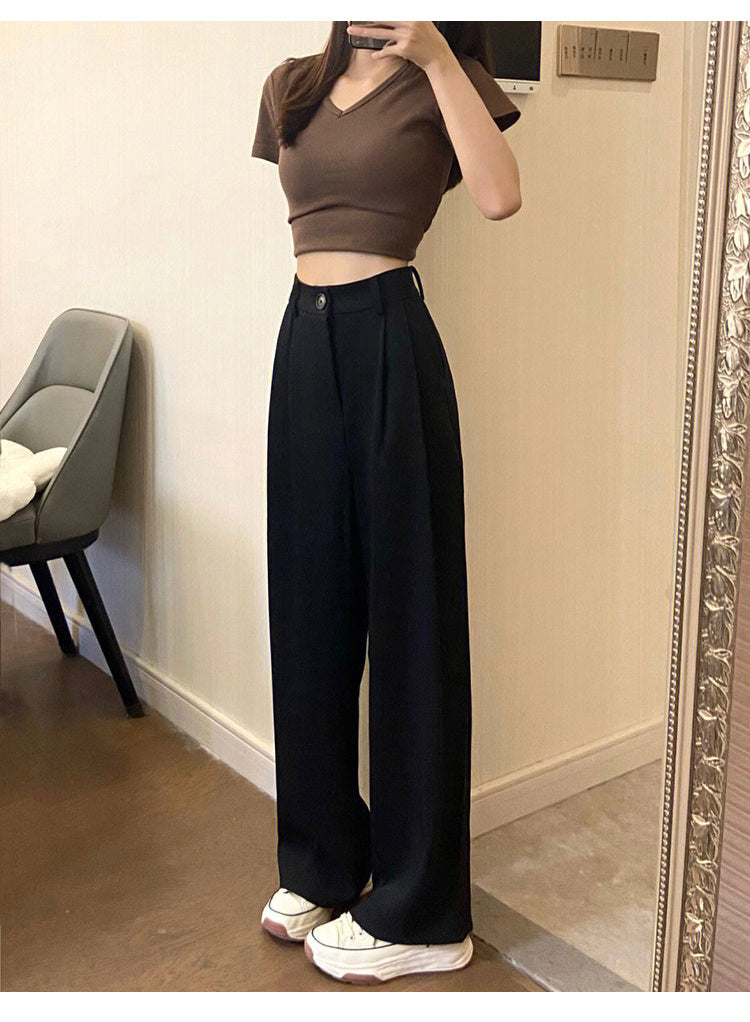 Black Wide-leg Suit Pants Women's Thin