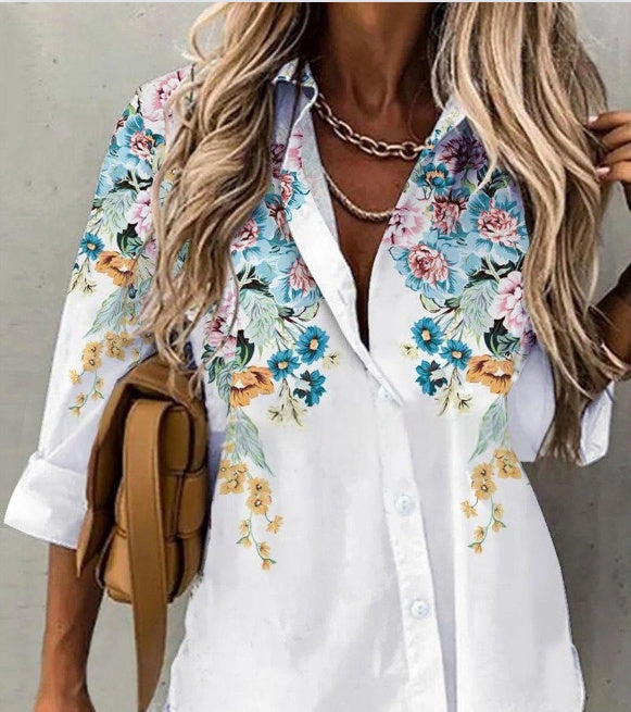 Spring And Summer New Fashionable Printed Collar Long Sleeved Shirt For Women