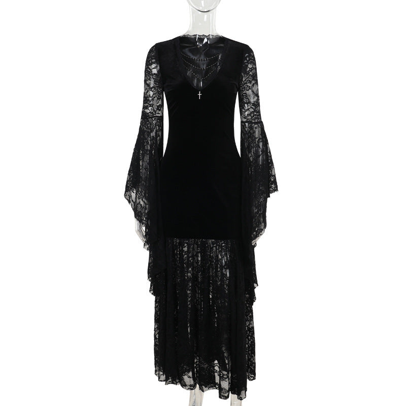 Lace Stitching Velvet Dress Women