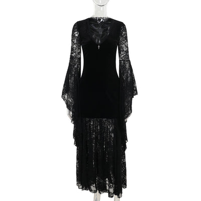 Lace Stitching Velvet Dress Women