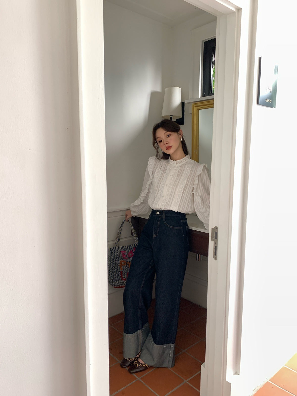 Women's Spring And Autumn Straight Leg Trousers With Curled Design Jeans