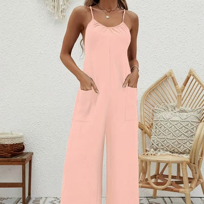Ladies' Solid Color Chest Pleated Design Cross Suspender Sexy Jumpsuit