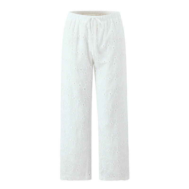Hollow Embroidery Lace-up Straight-leg Pants