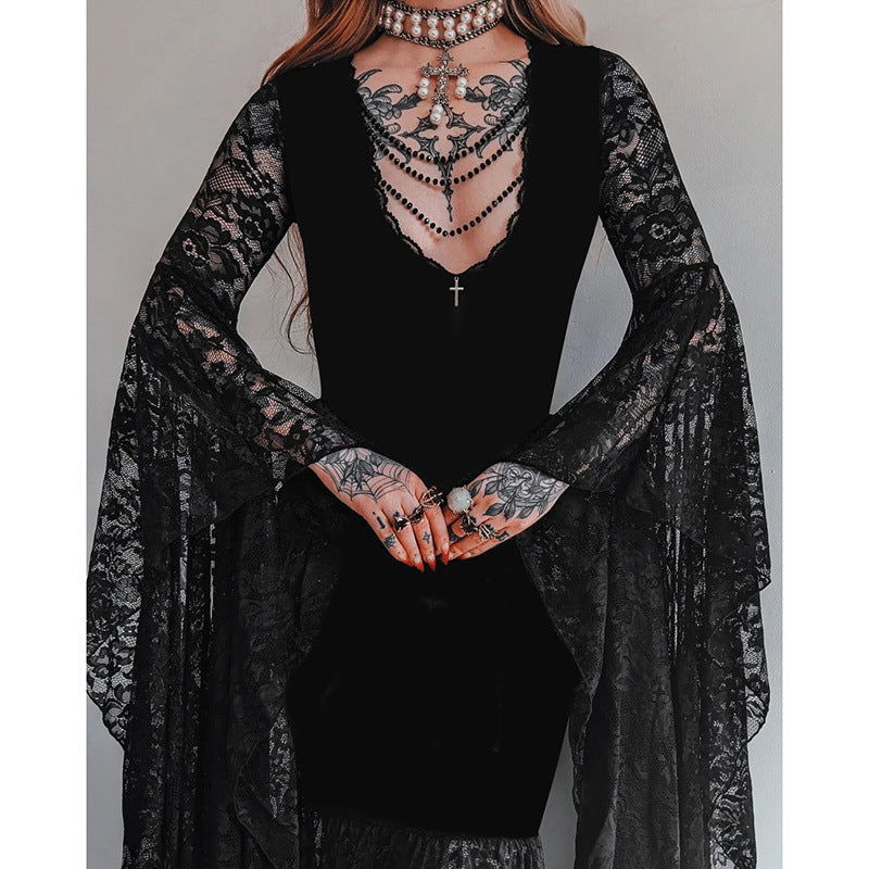 Lace Stitching Velvet Dress Women