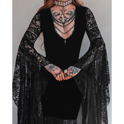 Lace Stitching Velvet Dress Women