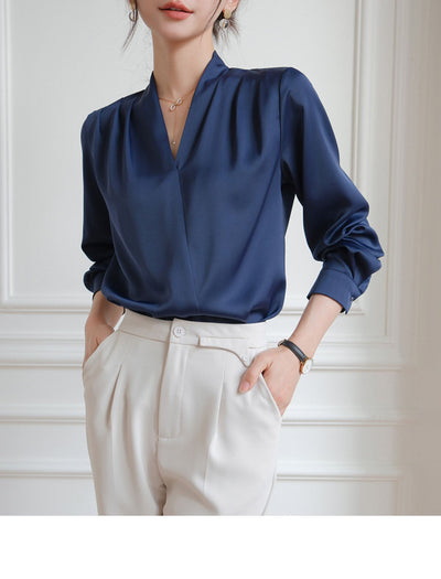 Elegant V-neck Satin Shirt Women's Commuter Formal Wear