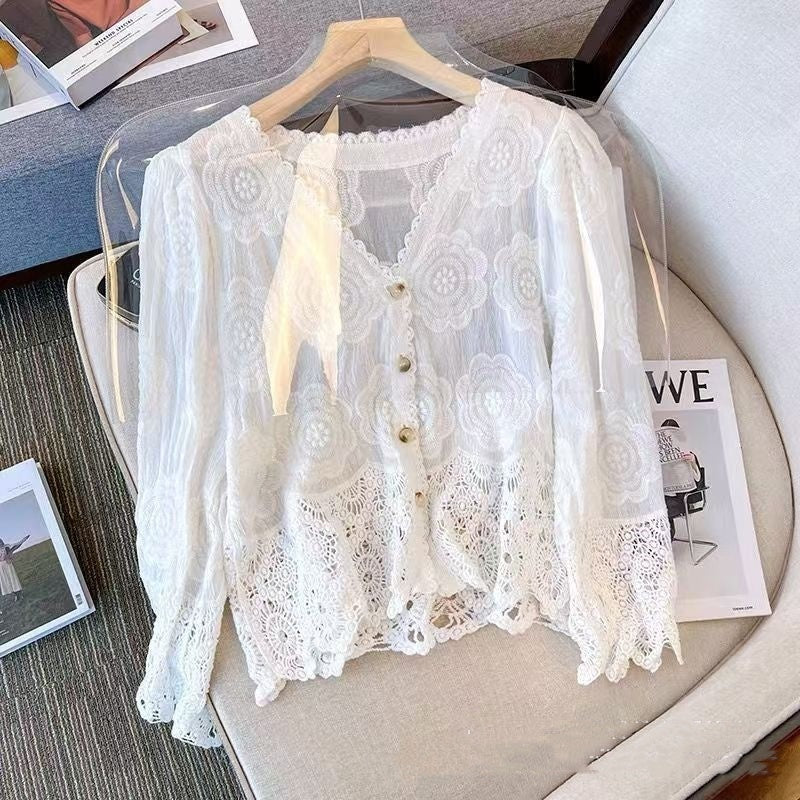 Fashion Hollowed-out V-neck Loose Sweater For Women Cardigan Top