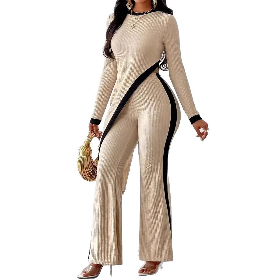 Women's Fashion Long Sleeve Side Slit T-shirt Trousers Suit