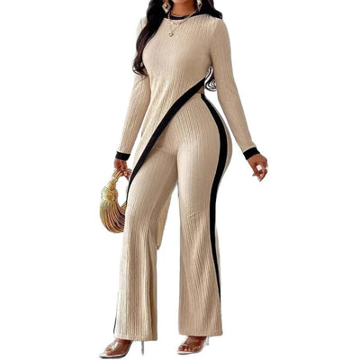 Women's Fashion Long Sleeve Side Slit T-shirt Trousers Suit