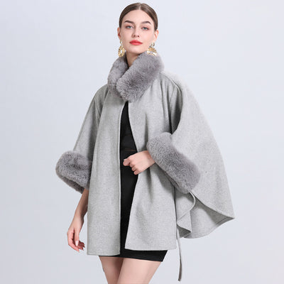 Rabbit Fur Collar Knitted Shawl Cape Lace-up Woolen Coat