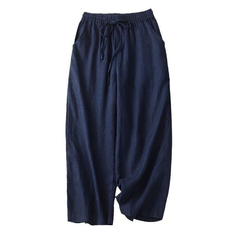 Retro Cotton And Linen Cropped Wide-leg Pants Women