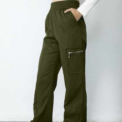 Ladies' Solid Color Pocket Zipper Elastic Waist Fashionable Loose Work Pants