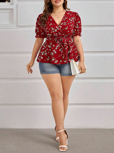 Women's Plus Size Summer Elegant V-Neck Floral Blouse - Office & Vacation Top With Belt