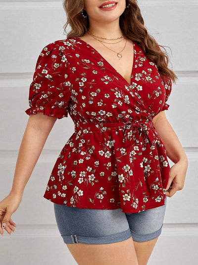 Women's Plus Size Summer Elegant V-Neck Floral Blouse - Office & Vacation Top With Belt