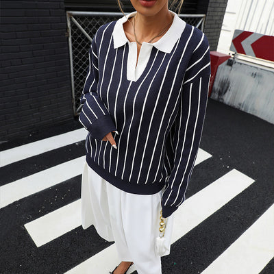 College Street Fashion Polo Collar Stripes Women's Sweater