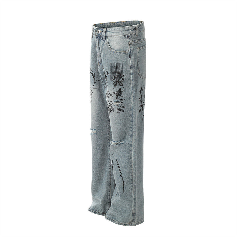Graffiti Printing Ripped Jeans For Men