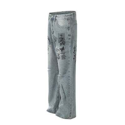 Graffiti Printing Ripped Jeans For Men