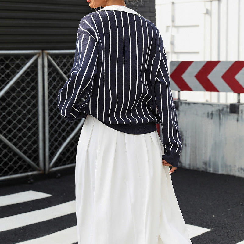 College Street Fashion Polo Collar Stripes Women's Sweater