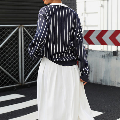 College Street Fashion Polo Collar Stripes Women's Sweater