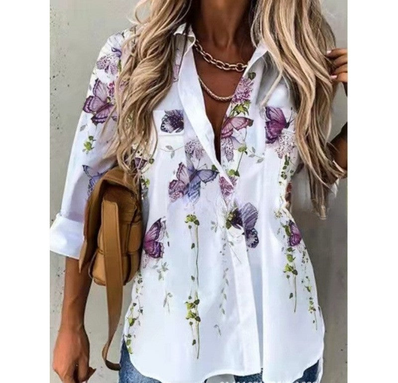 Spring And Summer New Fashionable Printed Collar Long Sleeved Shirt For Women