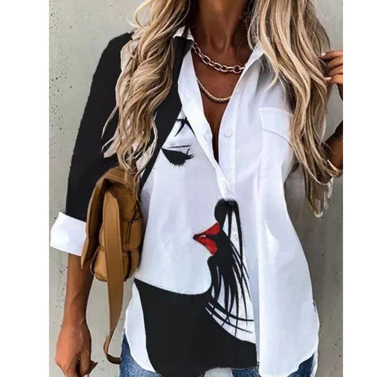 Spring And Summer New Fashionable Printed Collar Long Sleeved Shirt For Women