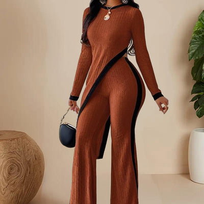 Women's  Elegant Round-neck Two-piece Long-sleeved Pants With Decorative Edges For Spring & Fall