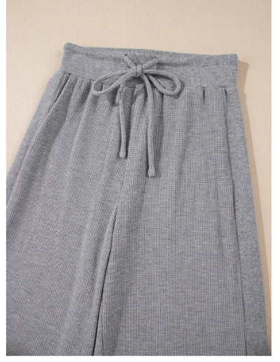 Gray Waffle Knit Drawstring High Waist Wide Leg Pants