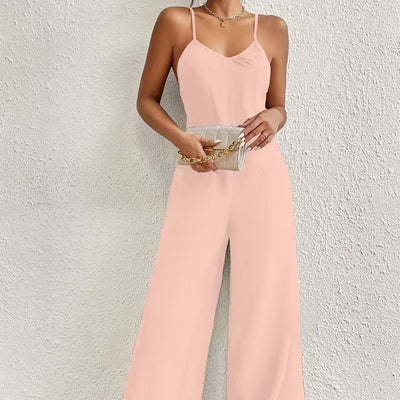 Ladies' Solid Color Chest Pleated Design Cross Suspender Sexy Jumpsuit