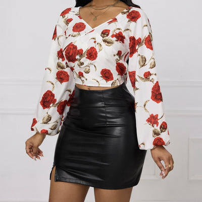 Ladies' Fashionable And Elegant New Long Sleeved Elegant Floral Print Shirt Top