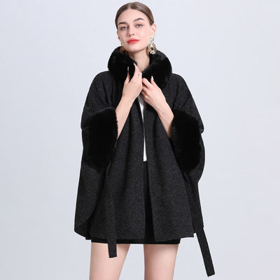 Rabbit Fur Collar Knitted Shawl Cape Lace-up Woolen Coat
