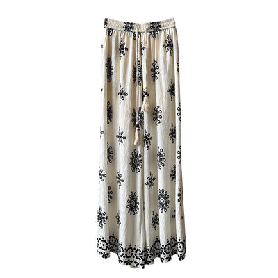 Women's Vintage Printed Drawstring Wide-leg Pants
