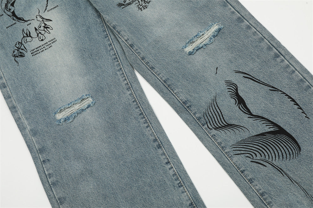 Graffiti Printing Ripped Jeans For Men