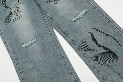 Graffiti Printing Ripped Jeans For Men