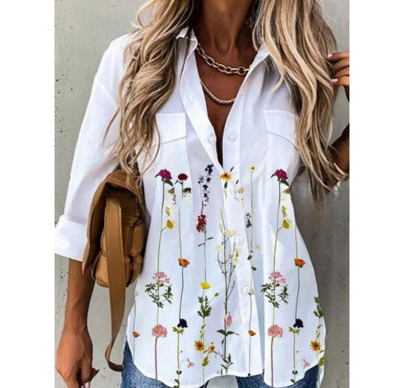 Spring And Summer New Fashionable Printed Collar Long Sleeved Shirt For Women