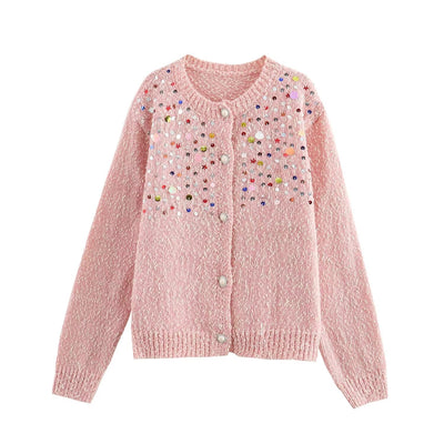 Fashion Girl Color Sequined Knitted Sweater Cardigan Coat