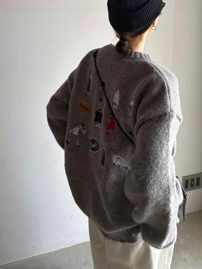 Gray Sweater Women's Loose Cartoon Embroidery Knitted Top
