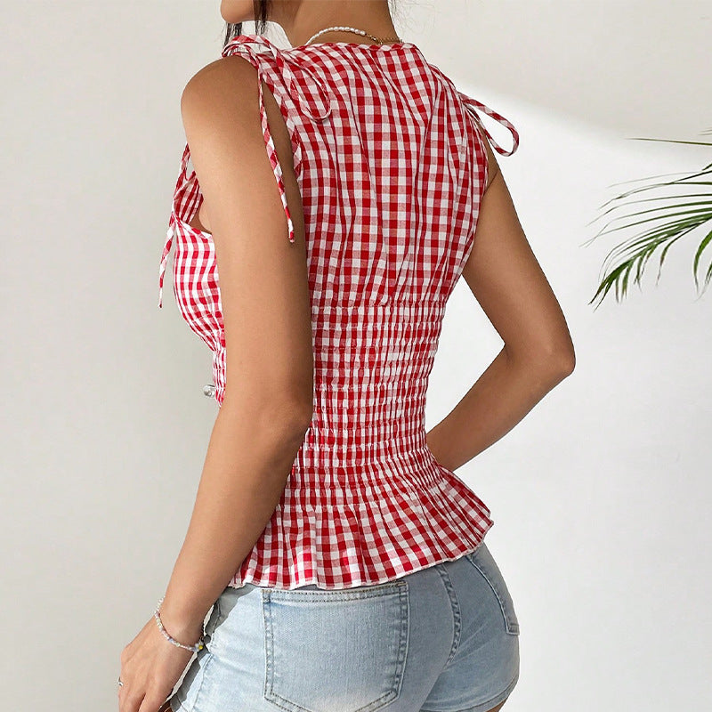 Plaid Camisole Sleeveless Lace Vest