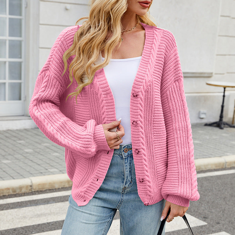Women's Loose Long-sleeved V-neck Twisted Knitted Sweater Coat