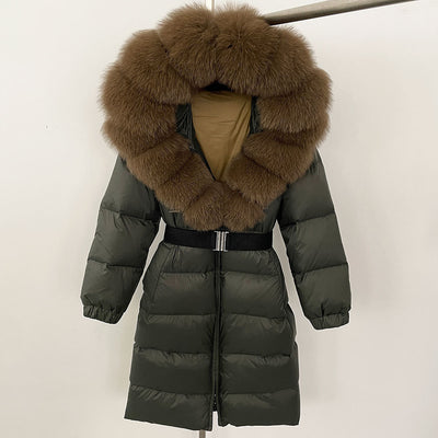 Women's Long Cinched Hoodie Real Fox Fur Collar Coat