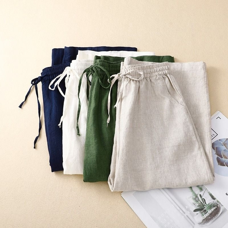 Retro Cotton And Linen Cropped Wide-leg Pants Women