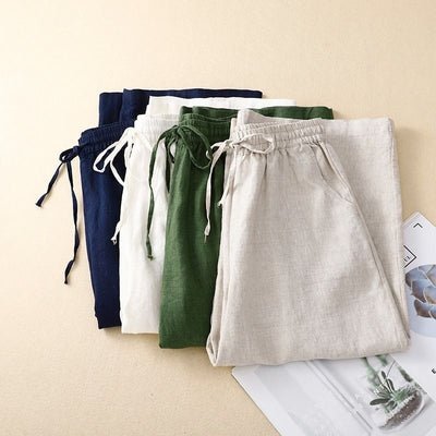 Retro Cotton And Linen Cropped Wide-leg Pants Women