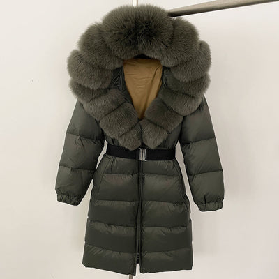 Women's Long Cinched Hoodie Real Fox Fur Collar Coat