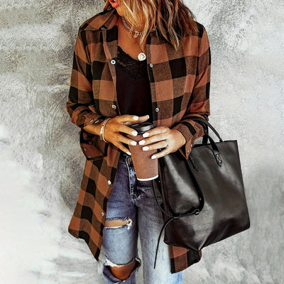 Women's Long Sleeve Plaid Print Button Front Casual Shirt For Spring & Fall