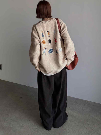 Gray Sweater Women's Loose Cartoon Embroidery Knitted Top