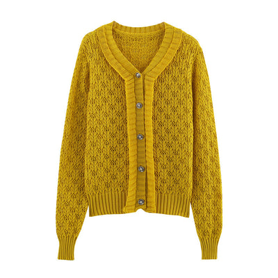 Lemon Yellow Ruffled Hollow-out Short Knitted Cardigan