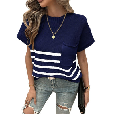 Women's Temperament Leisure Commute Style Printed Striped Pocket Sweater With Short Sleeves